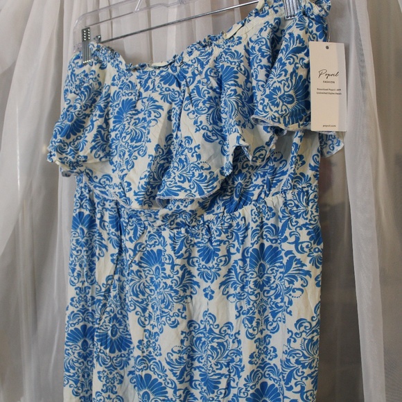 NWT POPVIL Blue/White Floral pattern strapless maxi dress with ruffles in Sz (M) - Picture 3 of 9